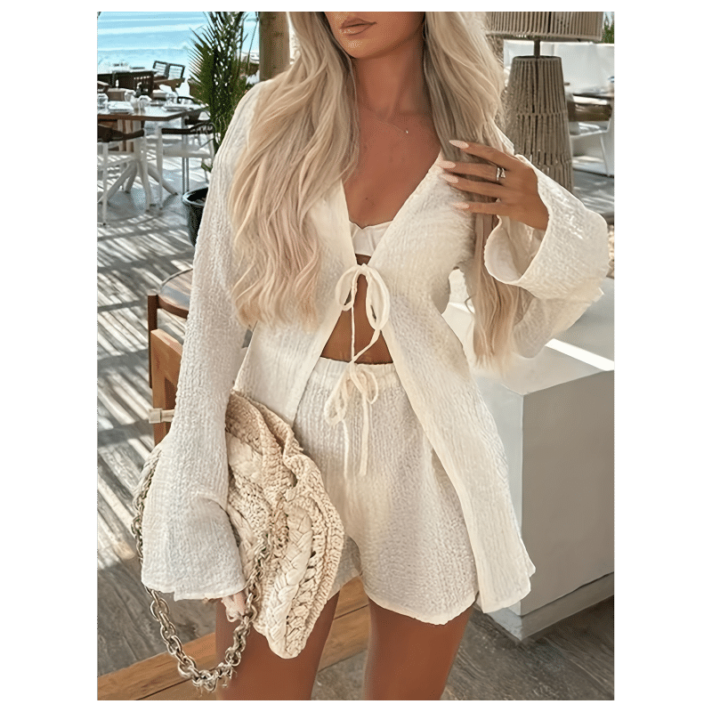 Women's two-piece lace-up cardigan long-sleeved shorts casual suit